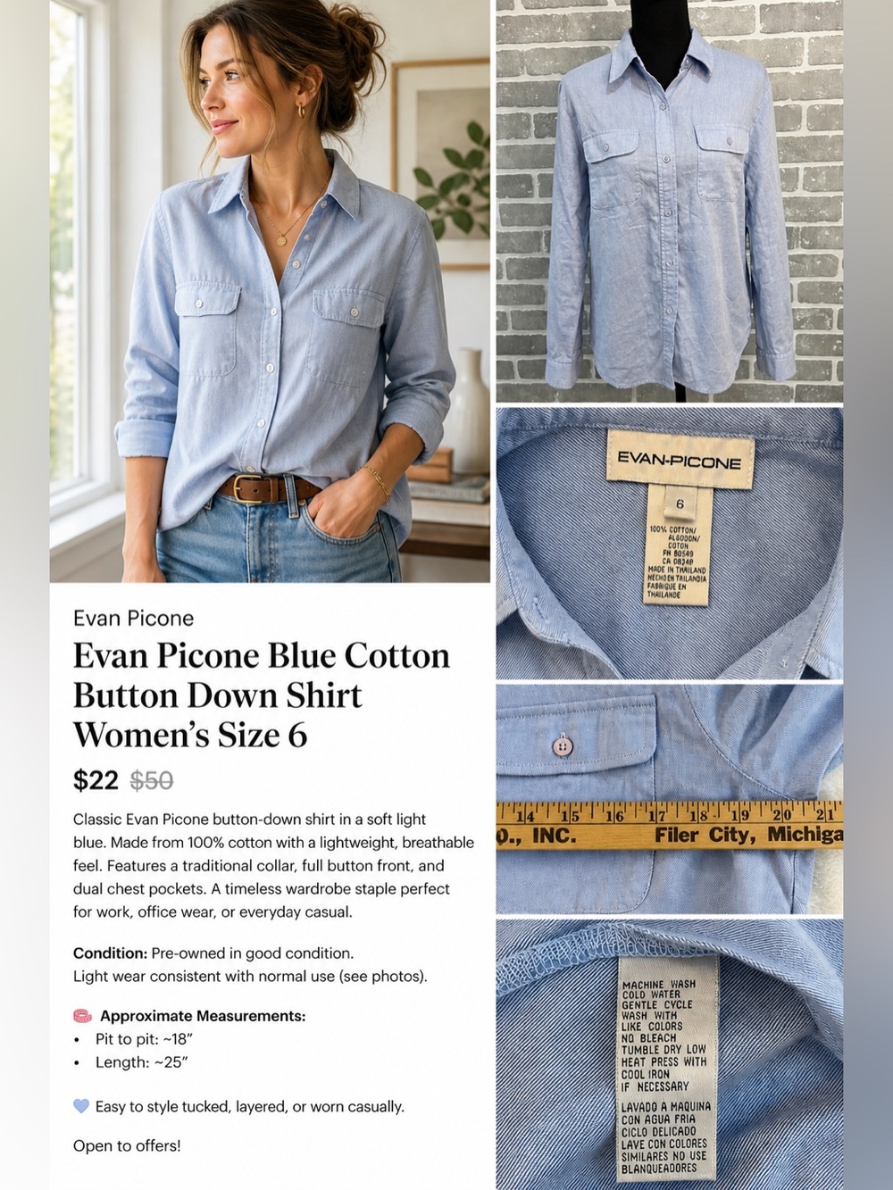 Evan Picone Blue Cotton Button Down Shirt Women’s Size 6 Classic Career Office